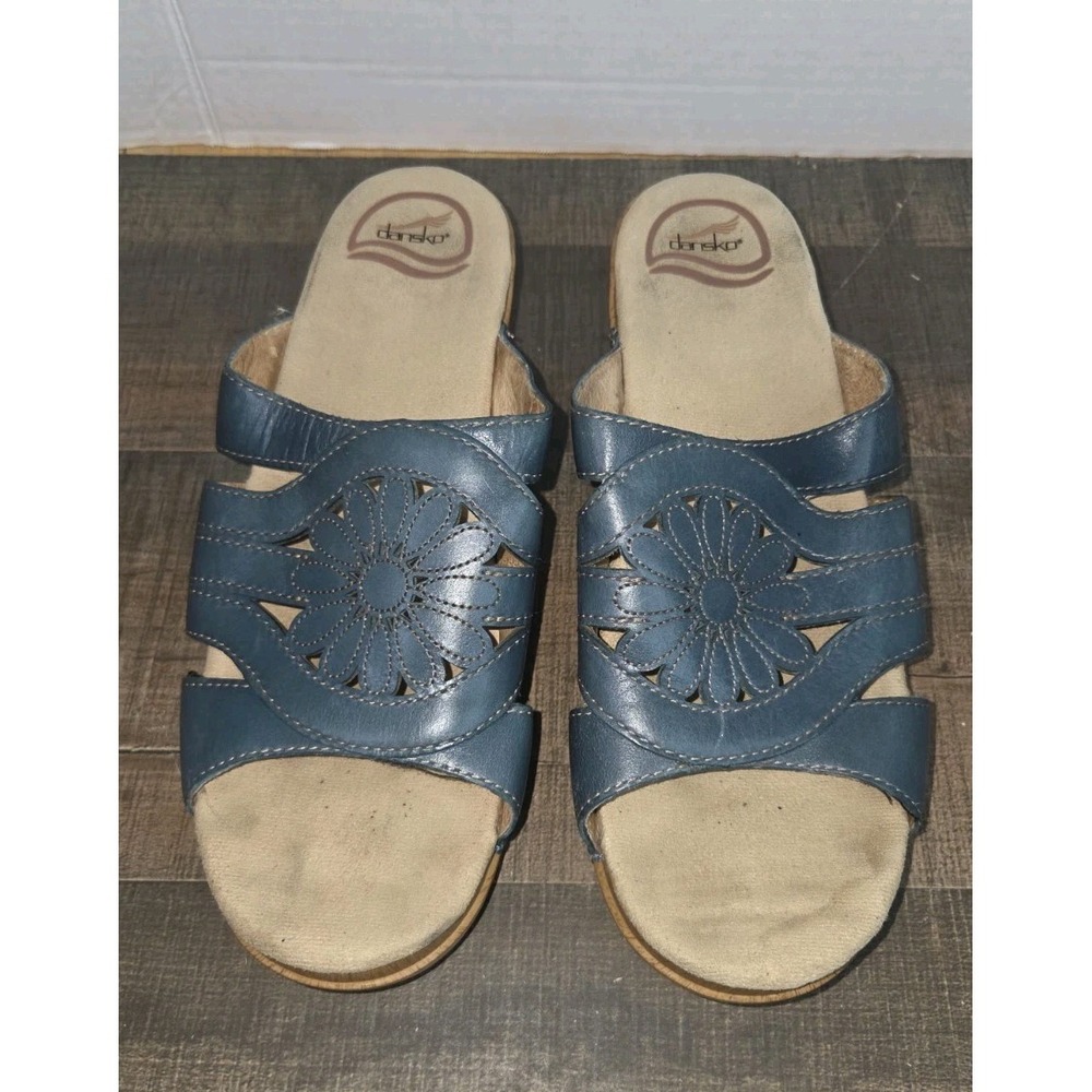 Dansko Women Blue Leather Cut Out Flower Slide Sandals EU 40 US 9 9828722200